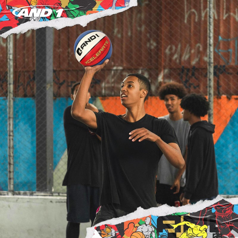 AND1 Xcelerate Rubber Basketball: Official Regulation Size 7 (29.5â€) Streetball, Made for Indoor/Outdoor Games (Basketball w/Pump, Red/White/Blue) - Image 5
